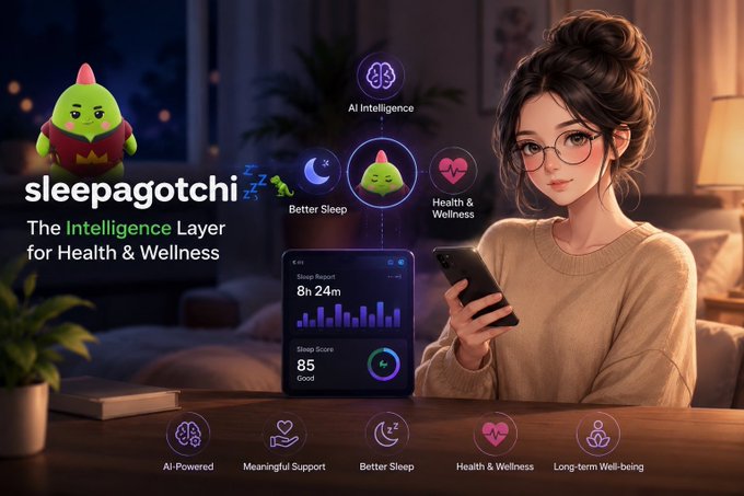 A promotional graphic for 'sleepagotchi', an AI-powered health and wellness app, featuring a woman looking at a smartphone displaying a sleep report of 8h 24m, with icons indicating various health benefits.