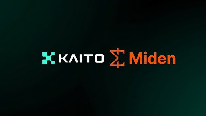 A logo graphic showing 'KAITO' in white with a teal icon next to 'Miden' in orange with a sigma-like symbol, on a dark green background.