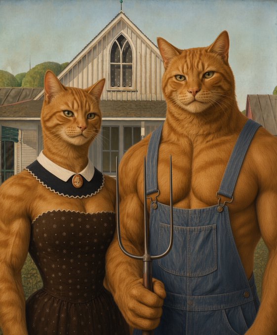 A parody of American Gothic painting featuring two muscular orange cats, the female in a brown dress and the male in denim overalls holding a pitchfork.