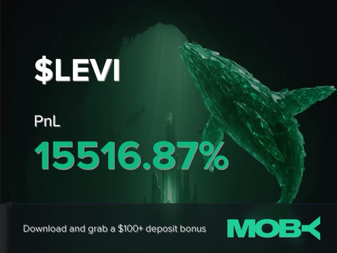 The image is a promotional graphic for Moby featuring a green whale underwater, highlighting a trader's win with the ticker "$LEVI" and an impressive PnL of "15516.87%." At the bottom, it advertises a "$100+ deposit bonus" download incentive with the Moby logo, visually celebrating the massive gain mentioned in the accompanying win alert post.