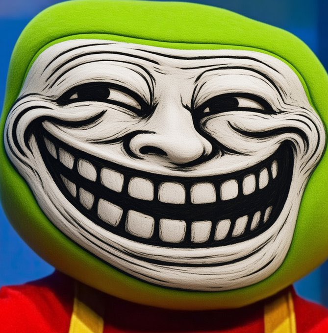 A close-up of a grinning Trollface meme character with exaggerated features, including a wide toothy smile and squinted eyes, set against a vibrant blue background—fitting the playful, meme-centric tone of the $TROLLTOAD token shoutout.