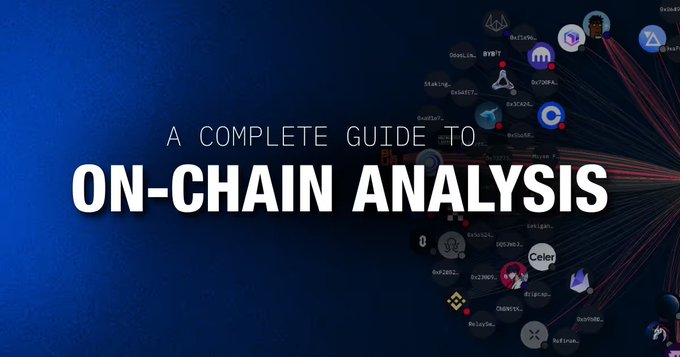 The image features a banner with white text that reads "A Complete Guide To On-chain Analysis" at the top of the screen. Below this title, there are various icons representing different aspects of on-chain analysis such as wallet tracking, whale alerts, exchange flows, and institutional activity. The background color is blue, which complements the white text on the banner.