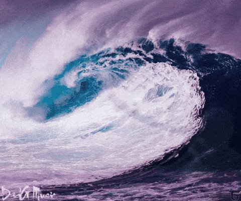 The image shows a large wave crashing onto the shore, with the ocean water transitioning into purple hues as it meets the land. The caption of the image reads "i'll be there when onchain liquidity on @base shifts from Sahara to Tsunami." This phrase is likely an artistic description or metaphor for the wave's movement and its impact on the surrounding environment.