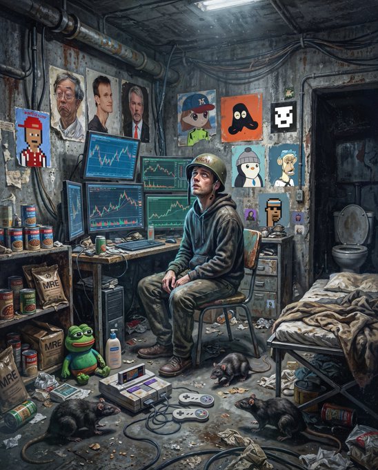 An illustration of a disheveled man wearing a military helmet and hoodie sitting in a squalid, cluttered bunker with multiple monitors displaying crypto charts, surrounded by rats, empty cans, and cryptocurrency memorabilia on the walls.