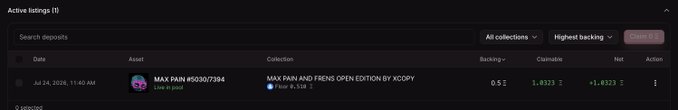 A dark-themed NFT marketplace interface showing an active listing for 'MAX PAIN #5030/7394' from the 'MAX PAIN AND FRENS OPEN EDITION BY XCOPY' collection, currently in pool with a 0.5 backing.