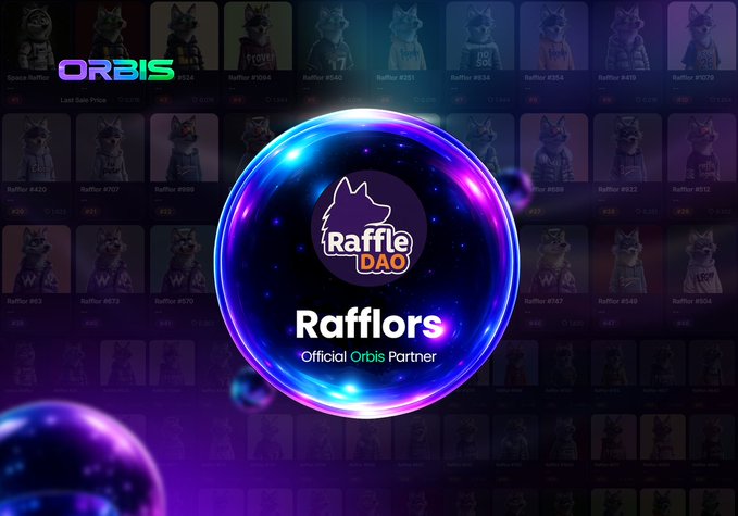 A promotional graphic for 'Rafflors - Official Orbis Partner' featuring the Raffle DAO logo in a glowing purple and blue sphere against a background of character NFT thumbnails.