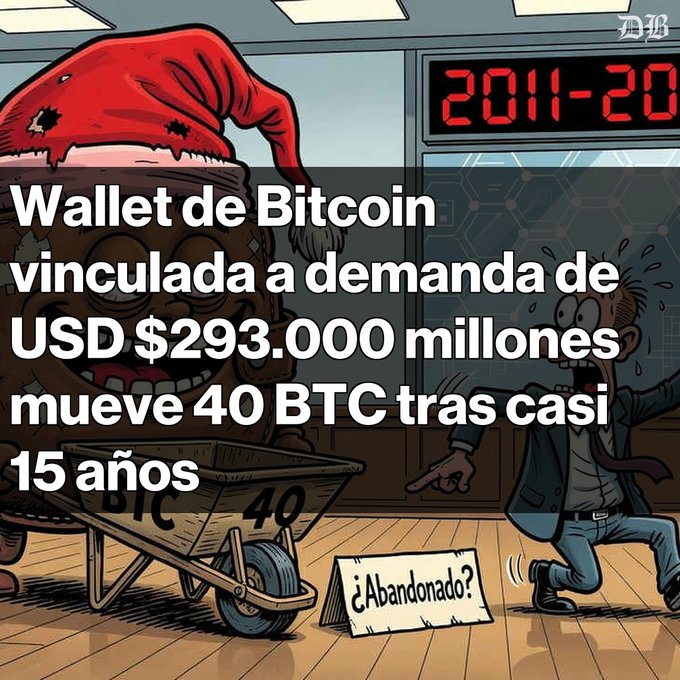 A cartoon illustration depicting a Bitcoin wallet from 2011 with 40 BTC being moved, showing a sweating man running away in panic, with text reading 'Wallet de Bitcoin vinculada a demanda de USD $293.000 millones mueve 40 BTC tras casi 15 años' and '¿Abandonado?' on a sign.
