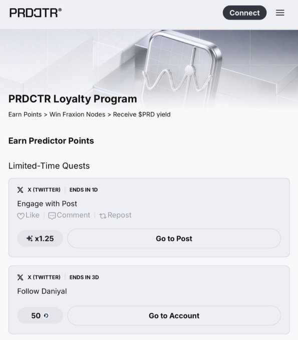 A screenshot of the PRDCTR Loyalty Program webpage shows options to 'Earn Predictor Points' with limited-time quests for engaging with a post on X (Twitter) and following user 'Daniyal'.