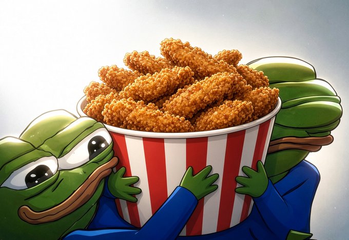 A cartoon illustration of green frogs in blue outfits hugging and fighting over a large red and white striped bucket overflowing with fried chicken.