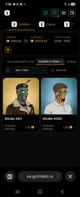 This screenshot displays the "Soldiers" staking dashboard on the gotmlabz.io platform, showing $2880.00 in earnings and 2 NFTs—SOLdier #421 and SOLdier #2325—available to stake with 1.00 potential earnings each, aligning with the post about staking Omerta SOL soldiers.