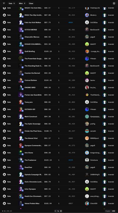 Screenshot of an OpenSea marketplace listing showing numerous NFT collections for sale at varying prices in ETH, including items like 'NADA The Azuki Mint', 'Fallz the Vici Walker', and 'STITCH MERGE'.