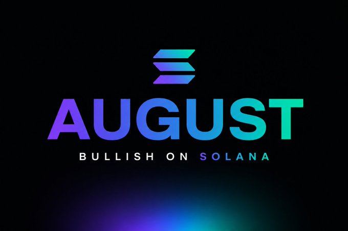 A logo image with the text 'AUGUST' in a blue-to-green gradient and the tagline 'BULLISH ON SOLANA' below it on a dark background.