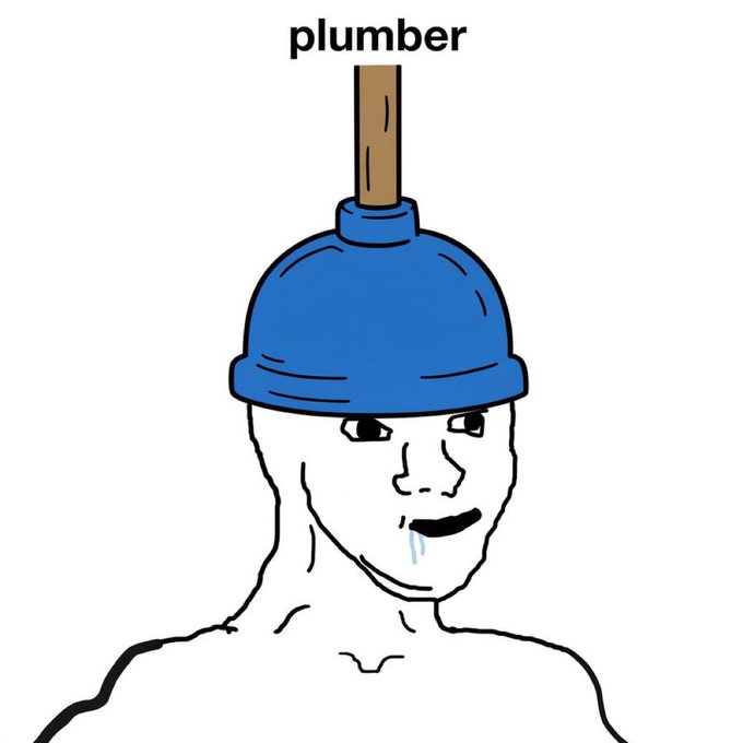 A meme-style drawing of a wojak face labeled 'plumber' wearing a blue hard hat with a wooden handle protruding from the top, drooling slightly.