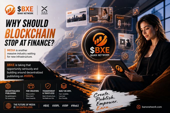 A promotional banner for '$BXE BANK NETWORK' and 'XRP LEDGER' titled 'WHY SHOULD BLOCKCHAIN STOP AT FINANCE?', featuring a woman using a tablet and hashtags like #XRPL and #Web3.
