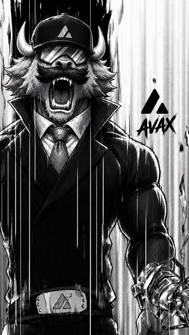 A black and white manga-style illustration of a fierce, shouting anthropomorphic figure wearing a cap with horns, a suit, and a belt featuring the AVAX logo, with 'AVAX' text visible to the right.