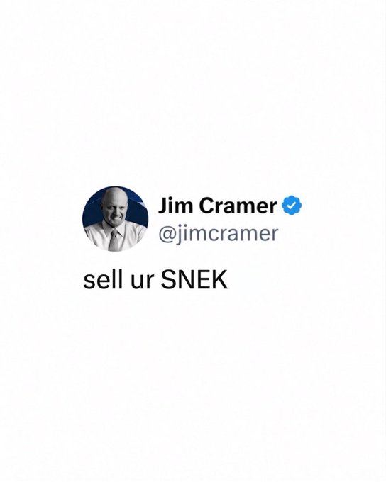A parody tweet styled image showing Jim Cramer (@jimcramer) with the text 'sell ur SNEK'.