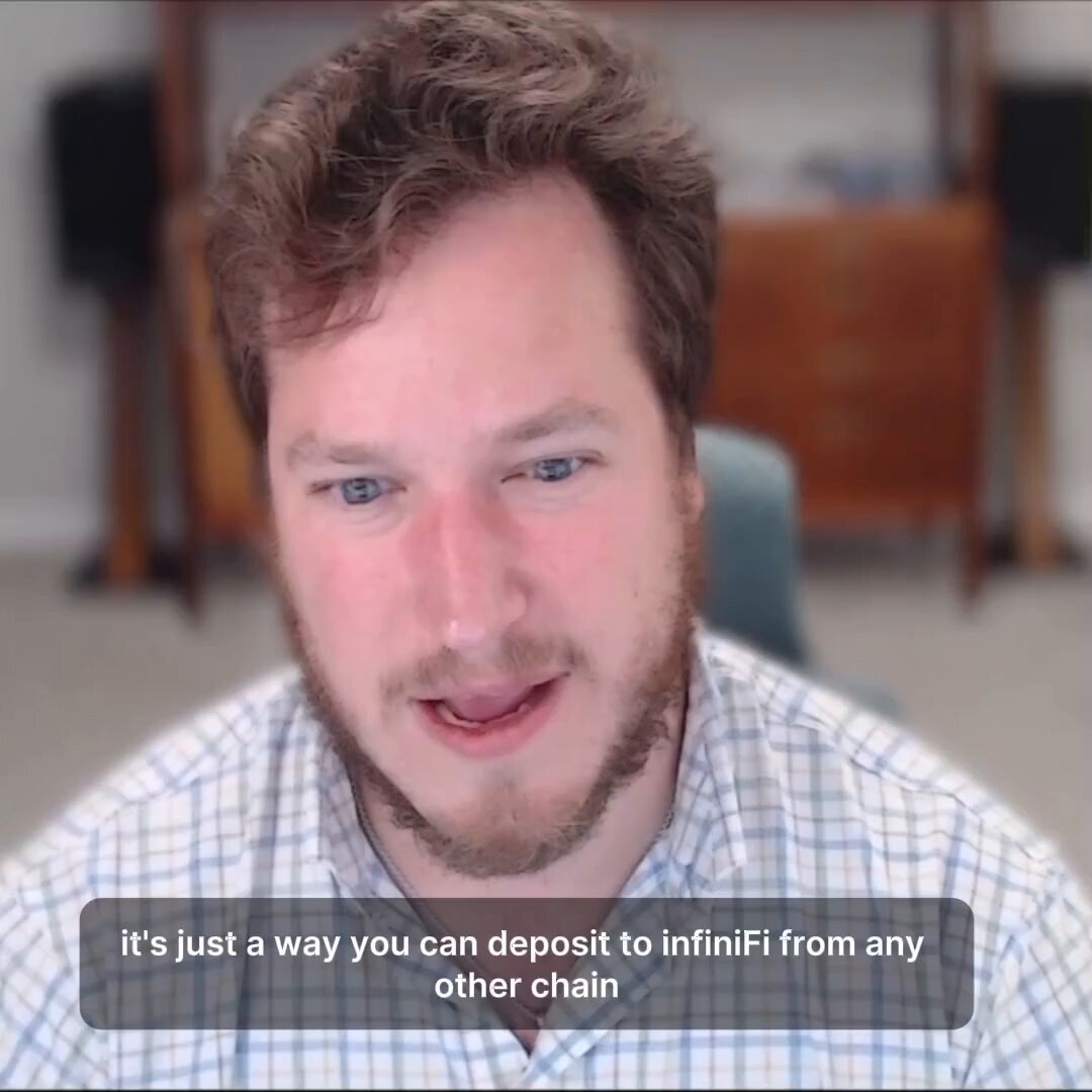 The image features a man wearing a blue and white plaid shirt, sitting down with his head tilted back as if he's deep in thought or contemplation. The text "It's just a way you can deposit to infiniFi from any other chain" is written below him, which seems to be related to the post about infinifi.