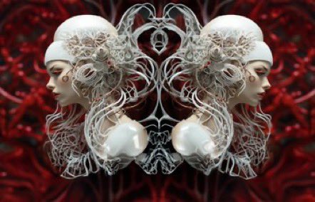 A mirrored, surreal artwork featuring two pale, ornate figures with intricate, tendril-like hair and pearl-like spheres, set against a deep red, organic background, evoking themes of duality and uniqueness fitting for a "1/1" NFT share.