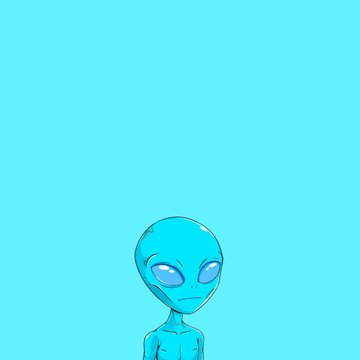 A small cartoon alien character with teal skin and large blue eyes centered at the bottom of a solid teal background.