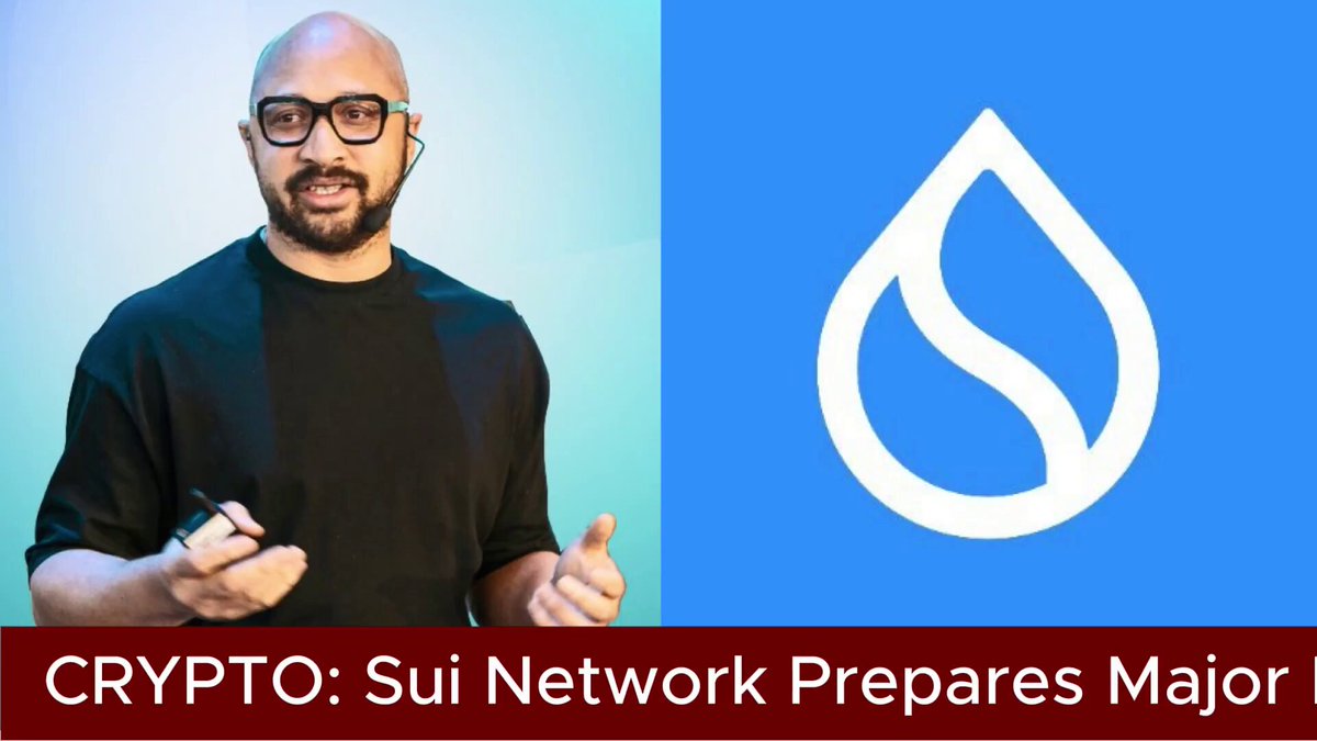 The image features a man standing next to a blue square with a white "S" logo, which appears to represent a cryptocurrency symbol or a network name. The man has a bald head and is wearing glasses. Below him, there's text that reads "Crypto! Sui Network Prepares Major Privacy Upgrade Mysten Labs co founder Adeniyi Abiodun @EmanAbio says Sui ( @SuiNetwork ) $SUI will introduce a Confidential Transfers feature." The man and the text are positioned above each other, creating an interesting visual effect.