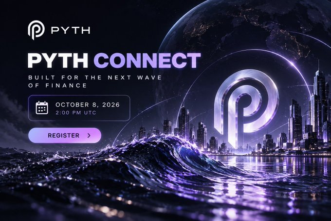 A 'PYTH CONNECT' event advertisement with 'Built for the Next Wave of Finance' tagline, scheduled for October 8, 2026 at 2:00 PM UTC, featuring a futuristic cityscape with purple wave imagery.