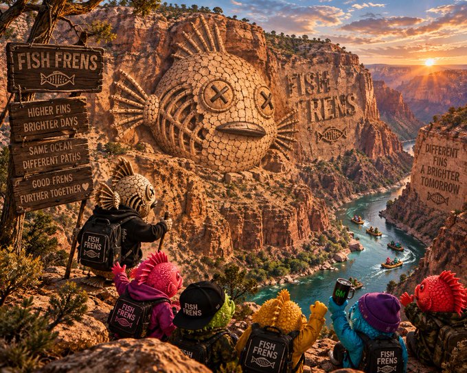 A vibrant, surreal landscape featuring a giant pufferfish carved into a red rock canyon wall, with colorful fish characters wearing 'FISH FRENS' backpacks gazing out over a winding river; wooden signs read 'FISH FRENS', 'HIGHER FINS BRIGHTER DAYS', 'SAME OCEAN DIFFERENT PATHS', 'GOOD FRENS FURTHER TOGETHER', and 'DIFFERENT FINS A BRIGHTER TOMORROW'.