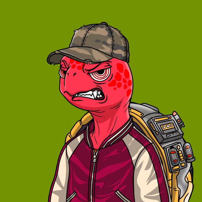 A red-skinned reptilian humanoid character wearing a camouflage cap and a purple and white jacket with a futuristic backpack, looking angry against a green background.