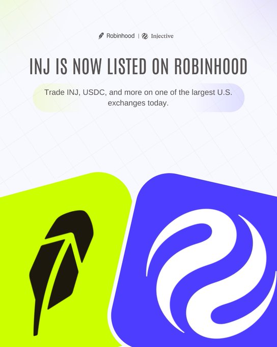 A promotional graphic announcing 'INJ IS NOW LISTED ON ROBINHOOD' featuring the Robinhood and Injective logos, with text reading 'Trade INJ, USDC, and more on one of the largest U.S. exchanges today.'