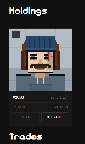 A pixel art character (PFP #2000, rank 2,174) wearing a blue beanie and hoodie, labeled as an 'L8' holding with options to view or upgrade, under 'Holdings' with a 'Trades' section below.