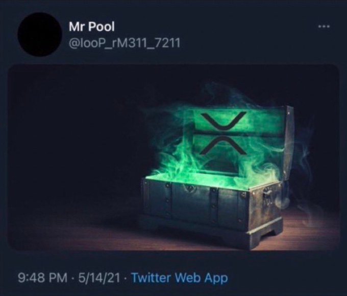 A tweet from Mr Pool (@looP_rM311_7211) dated 5/14/21 features a glowing treasure chest emitting green smoke with the XRP logo, symbolizing potential wealth or hidden value associated with the $XRP cryptocurrency.