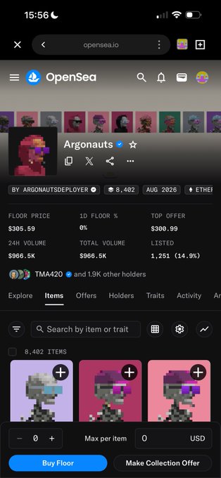 A screenshot of the OpenSea NFT marketplace displaying the "Argonauts" collection page, showing a floor price of $305.59, total volume of $966.5K, and 8,402 items listed. The image supports the caption's observation about the small profit margin between mint price ($300) and listing price, highlighting how little return minters are making on their NFTs.