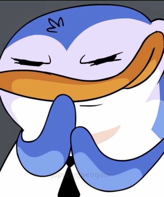 A cartoon penguin character with a blue head, closed eyes, and a smug expression poses with its flippers pressed together, set against the "$PURGY" meme coin community announcement post inviting users to join the chat. The image serves as the mascot for the $PURGY token community.