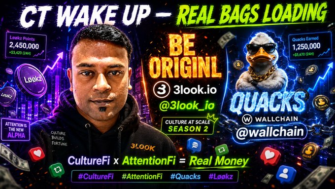 The image features a man wearing sunglasses, standing against a dark background. The text on the poster reads "CT Wake Up - Real bags loading", which suggests that the poster is promoting an event or product related to waking up early and being productive. The poster also includes a photo of a duck with a caption about Quacks, possibly indicating a connection between the event or product and a specific interest in ducks.

The image has a total of 13 social media handles displayed on it, including @wallchain, #quacks, and other relevant accounts. These handles suggest that the poster is promoting an online community or platform related to waking up early, productivity, or duck enthusiasts. The overall atmosphere of the image conveys a sense of excitement and interest in the advertised event or product.