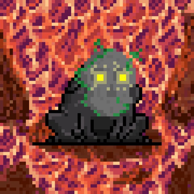 A pixel art image of a dark gray creature with glowing yellow eyes and green vine-like accents, perched on a shelf against a textured red background, matching the meme-like "slop art" style referenced in the post.