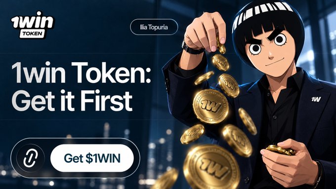An advertisement for '1win Token' features an anime-style character holding gold coins, with text reading 'Ilia Topuria', '1win Token: Get it First', and a 'Get $1WIN' button.