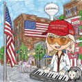 A cartoon caricature of a figure wearing a red 'Make America Great Again' hat and glasses, standing in front of a Capitol-like building with an American flag and a speech bubble containing garbled text.