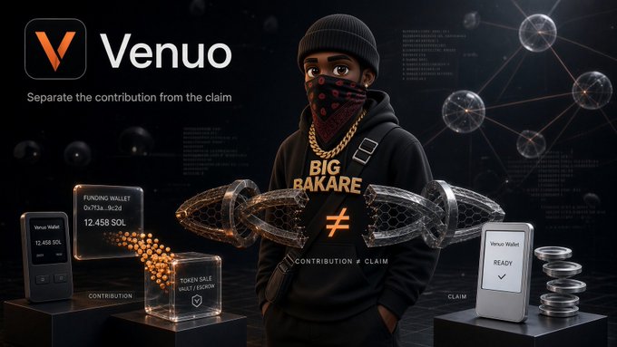 Promotional graphic for 'Venuo' featuring a masked figure labeled 'BIG BAKARE' alongside crypto wallet interfaces showing 'CONTRIBUTION ≠ CLAIM' with 12,458 SOL.