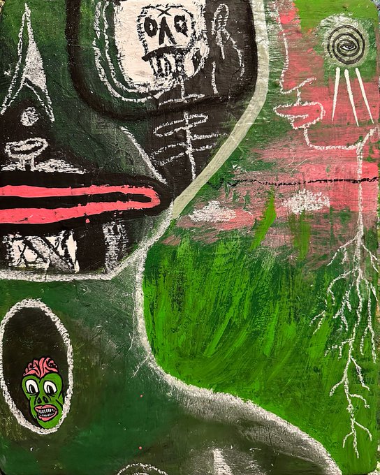 An abstract painting featuring bold green, black, red, and white brushstrokes, with various symbols including a stylized face in the bottom left corner, a skull-like figure, and a sun with rays.