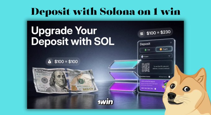 A promotional graphic with the text "Deposit with Solana on 1 win" featuring a "Upgrade Your Deposit with SOL" banner, showing $100 converting to $230, with US dollar bills and a Shiba Inu dog illustration on the right side.