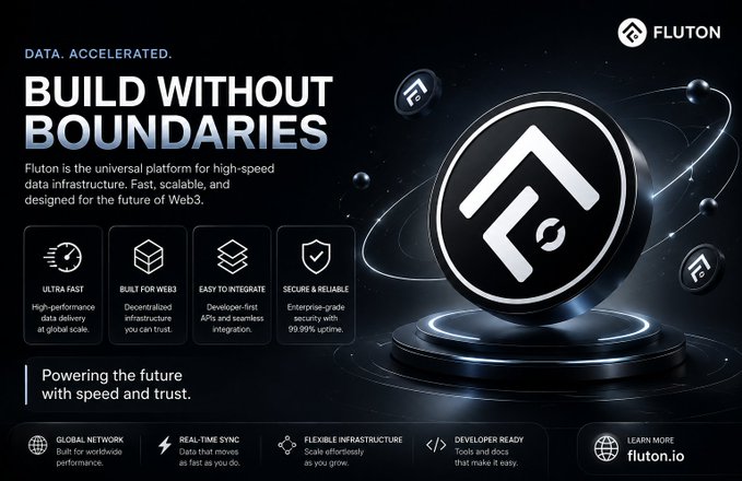 A promotional advertisement for Fluton, a Web3 data infrastructure platform, featuring the tagline 'DATA. ACCELERATED.' and 'BUILD WITHOUT BOUNDARIES' with feature icons.