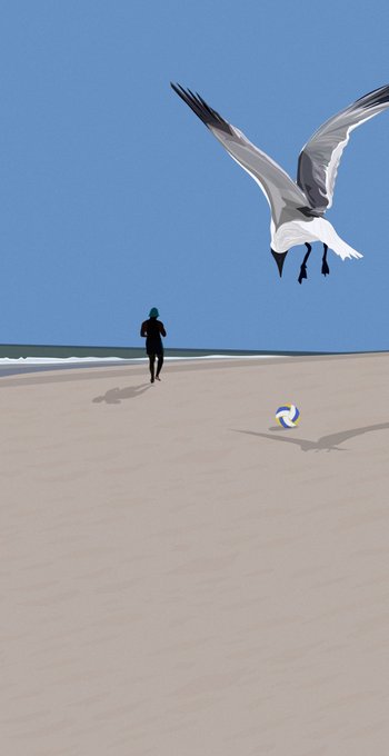 An illustration of a person running on a sandy beach while a large seagull flies overhead and a beach ball rests on the sand.