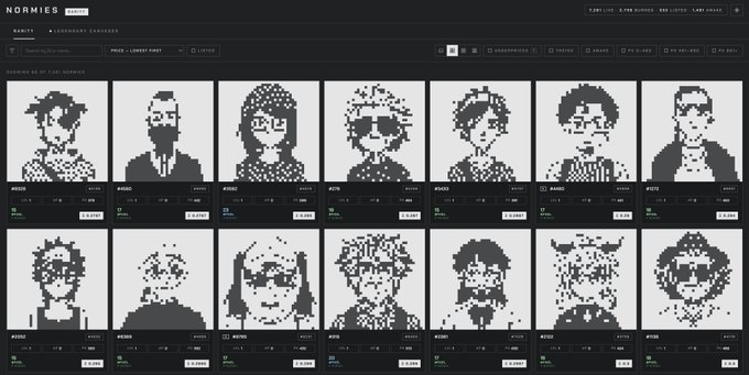 The image shows a "Normies Rarity" website displaying a grid of pixel-art character portraits with various traits like "CHAOS," "PSYCHO," "MESSY," and "GAMER." Each character card includes rarity metrics and a "BURN" button to calculate potential #PIXEL token earnings at a 4% yield, illustrating how users can convert their Normies NFTs into $PIXEL tokens through burning, as described in the accompanying post.
