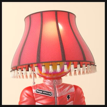 A whimsical figure with a lamp shade for a head wears a red jacket with a "Hype Chiller" name tag, with colorful light shining through the shade.