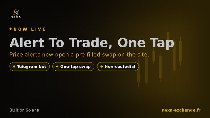 A promotional banner for Nexa Exchange reads 'Alert To Trade, One Tap' and 'Price alerts now open a pre-filled swap on the site,' featuring tags for Telegram bot, One-tap swap, and Non-custodial, with 'Built on Solana' and 'nexa-exchange.fr' displayed.