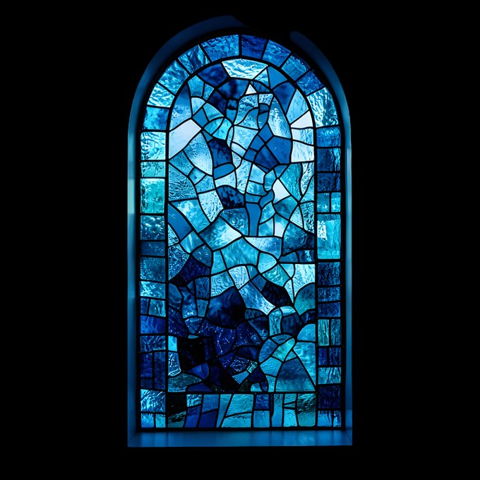 An arched stained glass window rendered in various shades of blue against a black background, depicting an abstract figure.