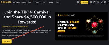 The image shows a Binance promotional banner for the "TRON Carnival" event, inviting users to join and share $4,500,000 in rewards, with a highlighted $4.5M TRON rewards pool running from June 28 to September 2, 2025. It complements the post's discussion on participating in Binance Wallet's TRON DeFi Summer activity to maximize returns, referencing the $TRON ecosystem and DeFi TVL trends.