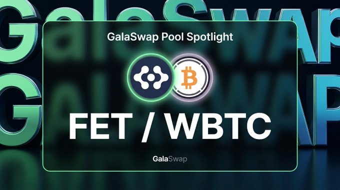 A green-tinted promotional graphic from GalaSwap featuring the "Pool Spotlight" for the FET/WBTC trading pair, displayed on a card with token logos against stylized "GalaSwap" lettering in the background. The image visually represents the highlighted GFET/GWBTC liquidity pool detailed in the accompanying post.