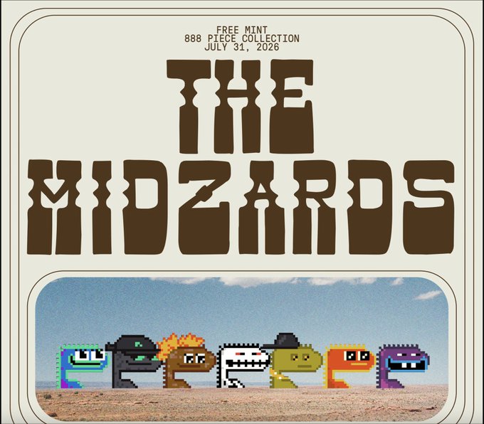 The image features a poster for "The Midzards" by @MidEvilsNFT, which is an album released by the band Midzard's. The poster showcases six different characters from the album, each with unique facial expressions and poses. These characters are arranged in two rows of three, creating a sense of balance and symmetry within the design. The background of the poster features a desert landscape under a clear blue sky, providing a visually appealing contrast to the colorful characters on the poster. The text "Free Mint" and "888 supply" is also present on the poster, indicating that the album can be easily purchased online or through other channels for free.