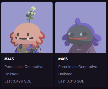 The image features two cartoon-like figures wearing hats with flowers on them. The text "Perfumerals Generative" is displayed below each figure, indicating that they are perenimals. The post also mentions a specific perenimal called Perfumerals Generative, which has been listed as Unlisted and has a last count of 0.16.
