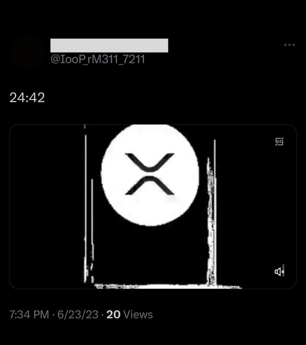 A Twitter post by @IooPrM311_7211 from 7:34 PM on 6/23/23 shows the XRP cryptocurrency logo (the stylized "X" symbol) appearing in black and white, posted as part of a discussion speculating that XRP will surge on August 12-13 based on a MrPool video showing the logo appearing after an eclipse at the 44-second mark.